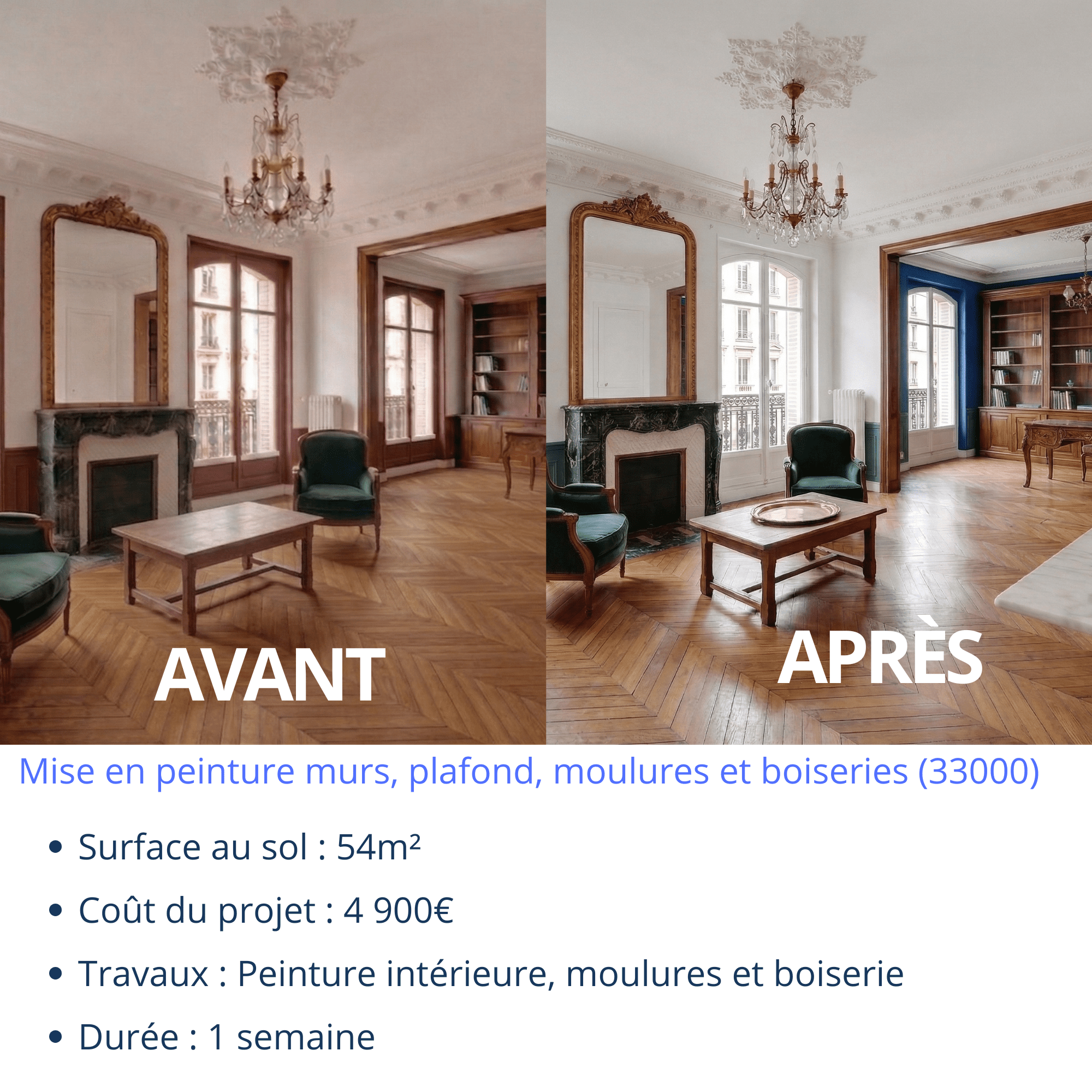 Type Maison neuve Localisation Bordeaux Caudéran (33200) Surface 180m² Coût du projet 8 500€ Travaux Préparation support et peinture intérieurs Durée 1 mois (11)