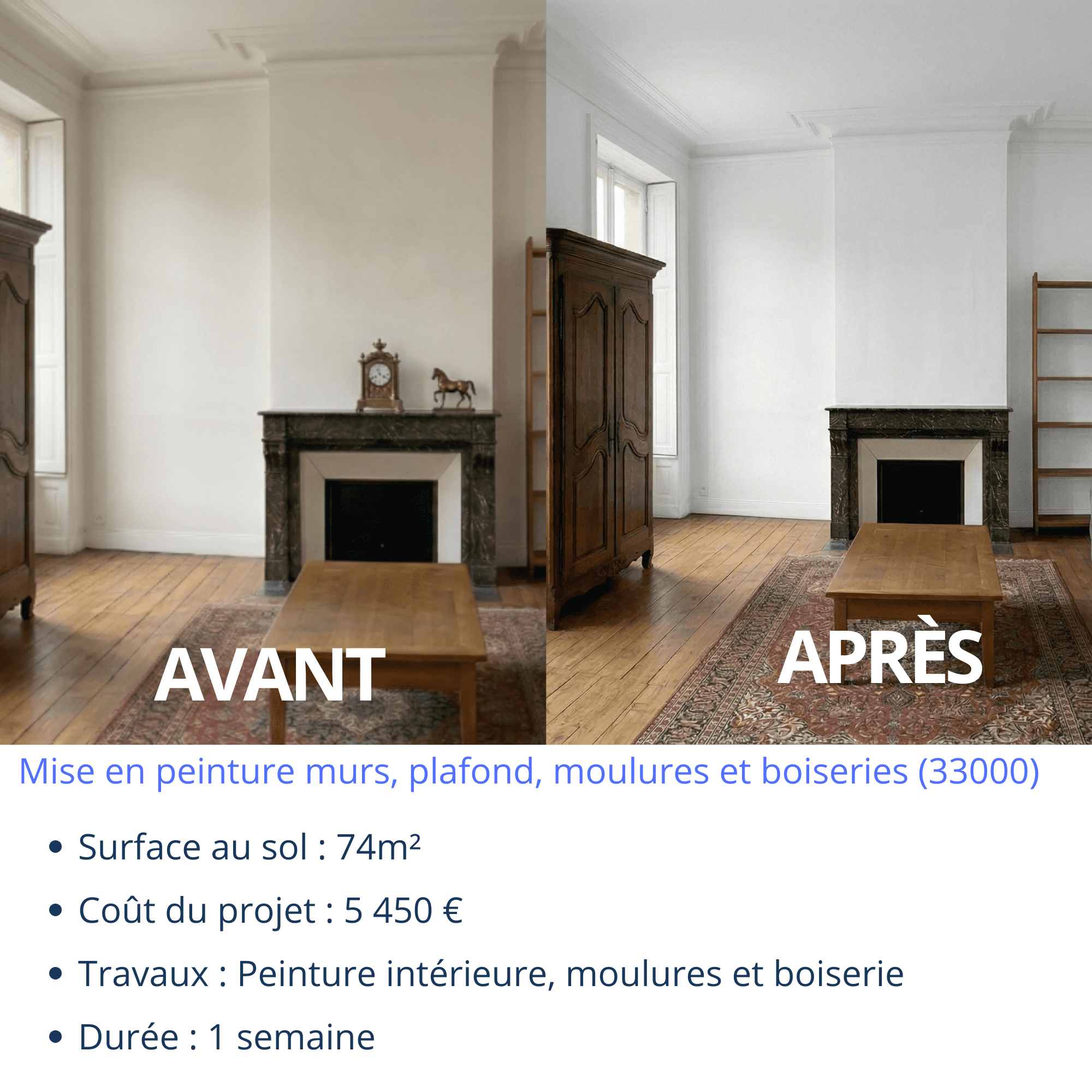 Type Maison neuve Localisation Bordeaux Caudéran (33200) Surface 180m² Coût du projet 8 500€ Travaux Préparation support et peinture intérieurs Durée 1 mois (12)