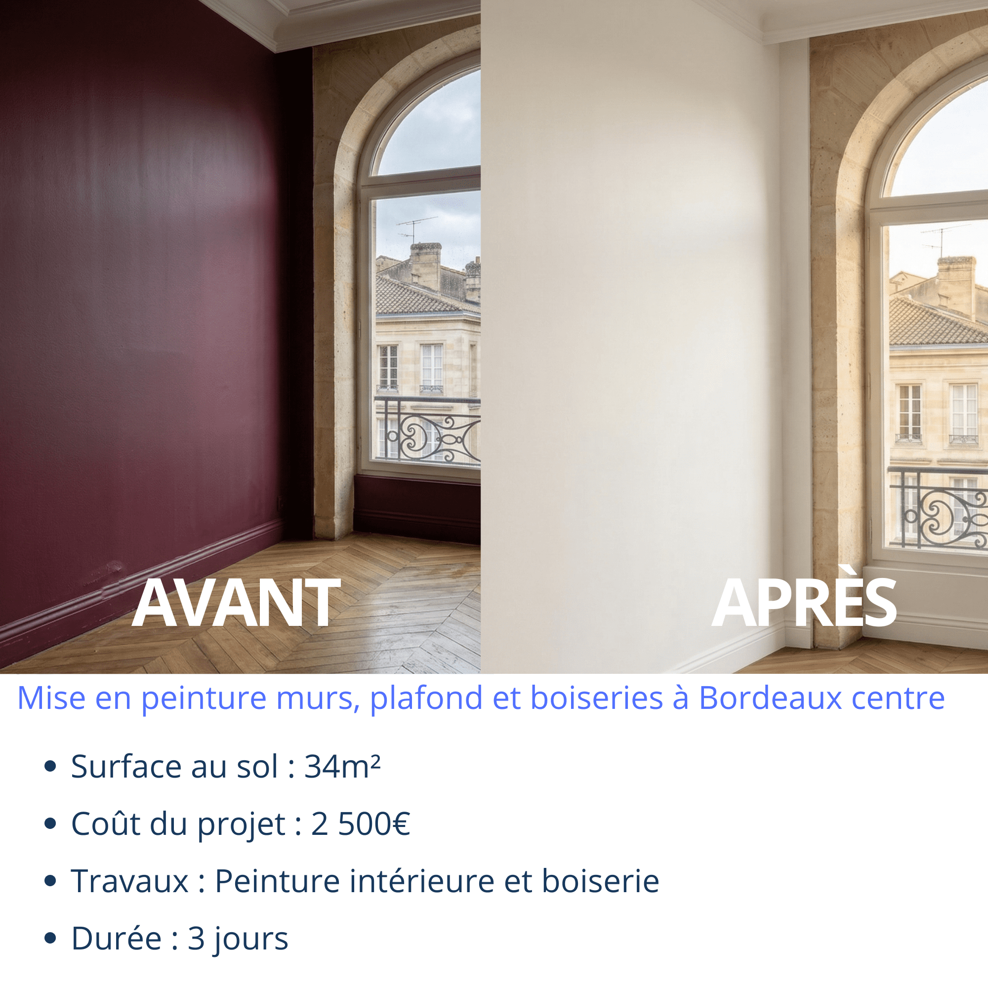 Type Maison neuve Localisation Bordeaux Caudéran (33200) Surface 180m² Coût du projet 8 500€ Travaux Préparation support et peinture intérieurs Durée 1 mois (14)