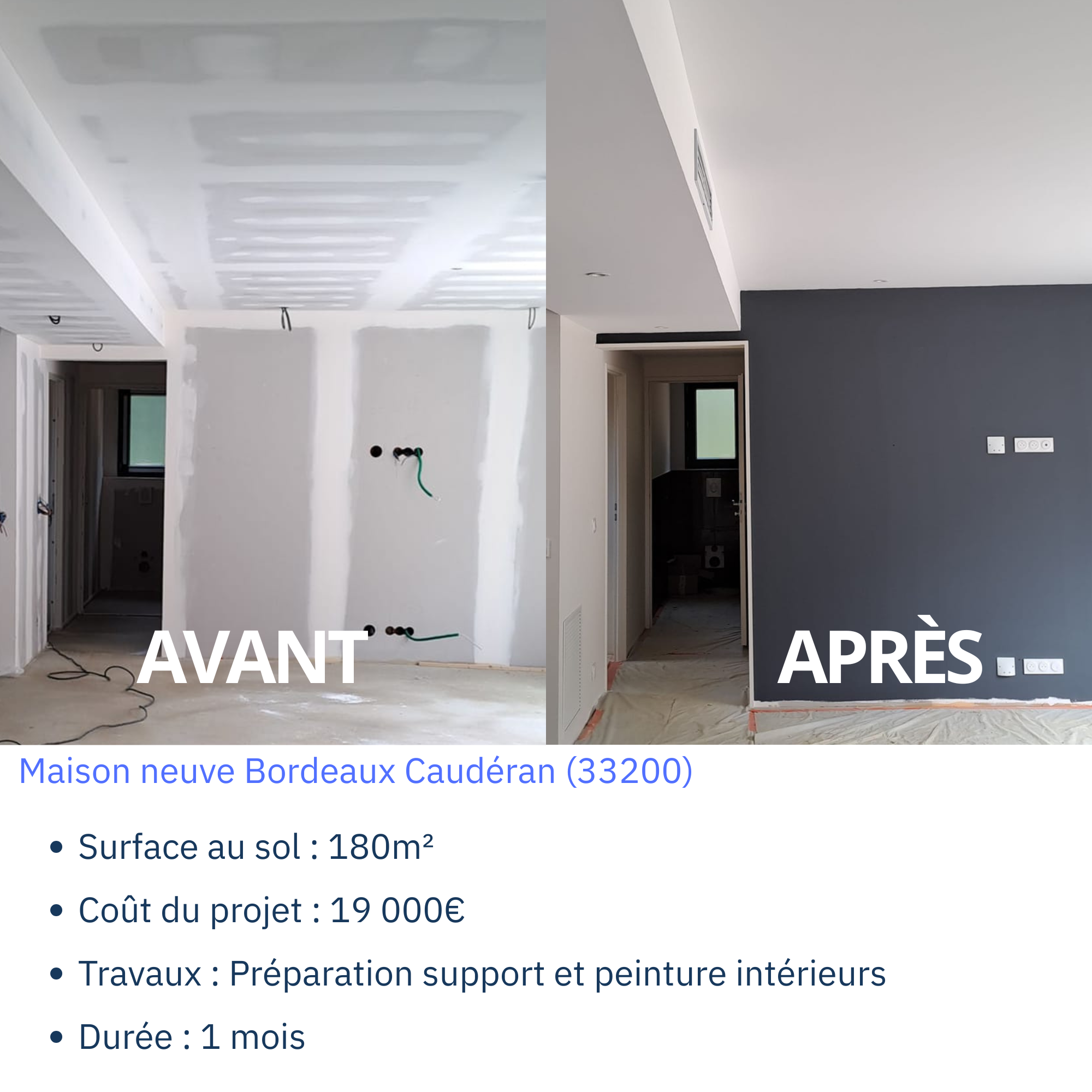 Type Maison neuve Localisation Bordeaux Caudéran (33200) Surface 180m² Coût du projet 8 500€ Travaux Préparation support et peinture intérieurs Durée 1 mois (8)